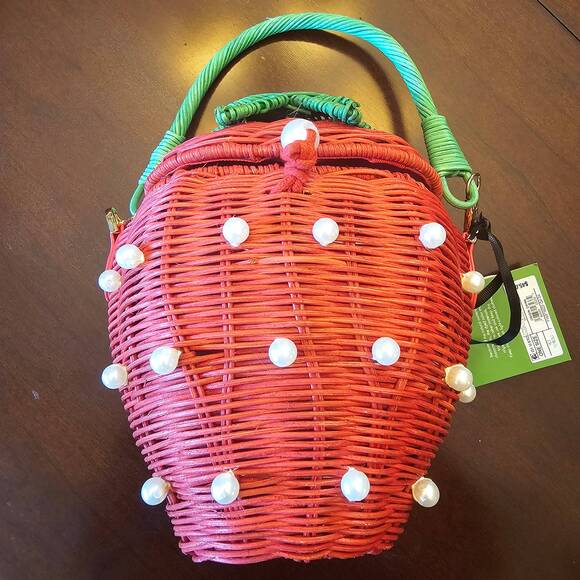 Kate Spade, Target Pearl Embellished Strawberry Basket Bucket Bag Purse Red Tote - Picture 2 of 11